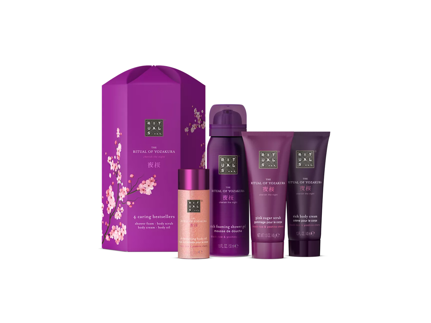 The Ritual of Yozakura Gift Set S schuimende douchegel 50 ml, bodycrème 40 ml, roze suikerscrub 45 g, glinsterende lichaamsolie 30 ml