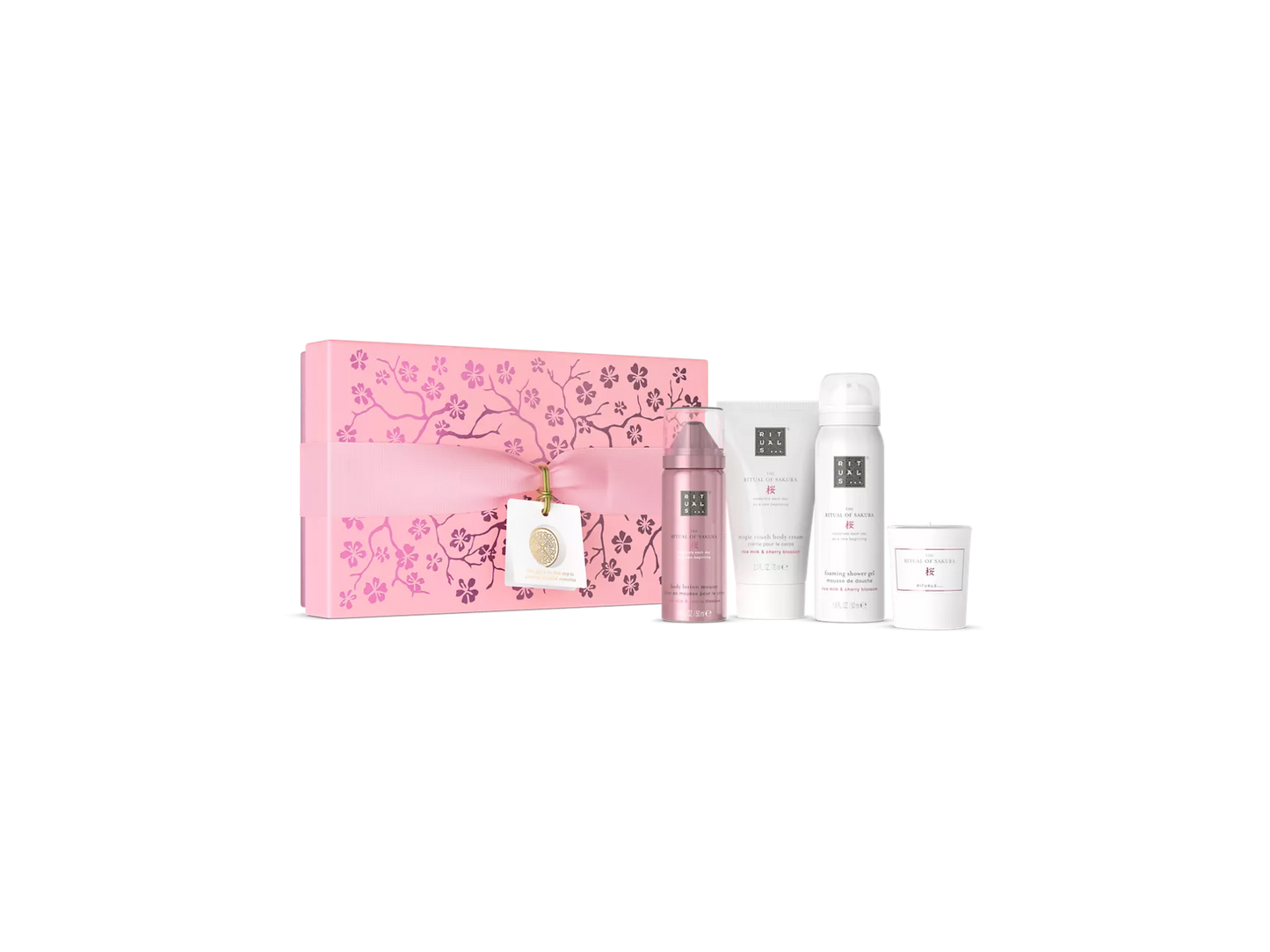 The Ritual of Sakura Gift Set S shower foam 50 ml, bodycrème 70 ml, bodylotion mousse 50 ml, geurkaars 25 g