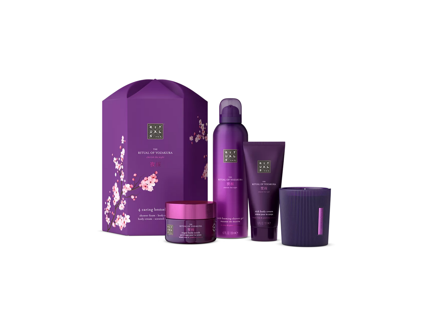 The Ritual of Yozakura Gift Set M schuimende douchegel 200 ml, bodycrème 100 ml, bodyscrub met suiker 125 g, geurkaars 140 g