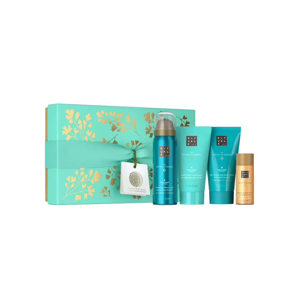 The Ritual of Karma Gift Set S foaming shower gel 50ml, body scrub 70ml, body lotion 70ml, body shimmer 30ml