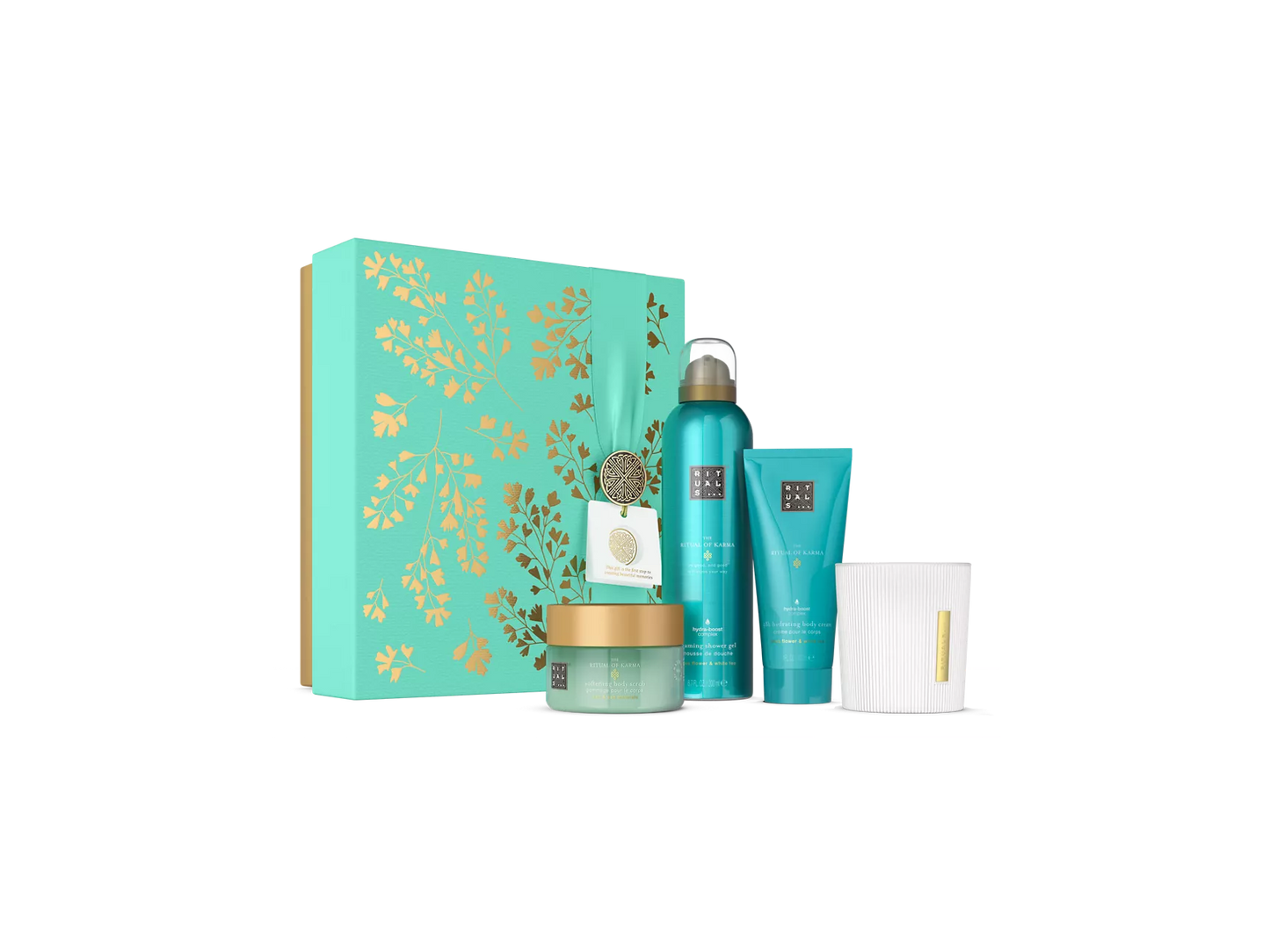 The Ritual of Karma Gift Set M schuimende douchegel 200 ml, bodycrème 100 ml, bodyscrub 125 g, kaars 140 gr