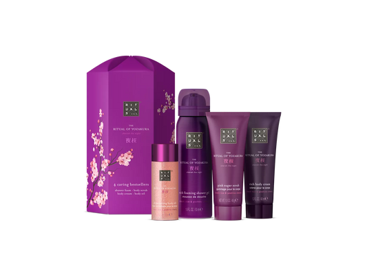 The Ritual of Yozakura Gift Set S schuimende douchegel 50 ml, bodycrème 40 ml, roze suikerscrub 45 g, glinsterende lichaamsolie 30 ml