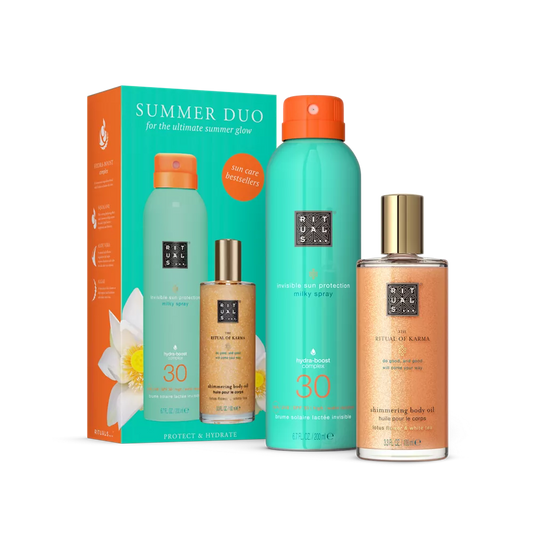 The Ritual of Karma Suncare Set body shimmer oil 100ml, sun protection milky spray spf 30 200ml